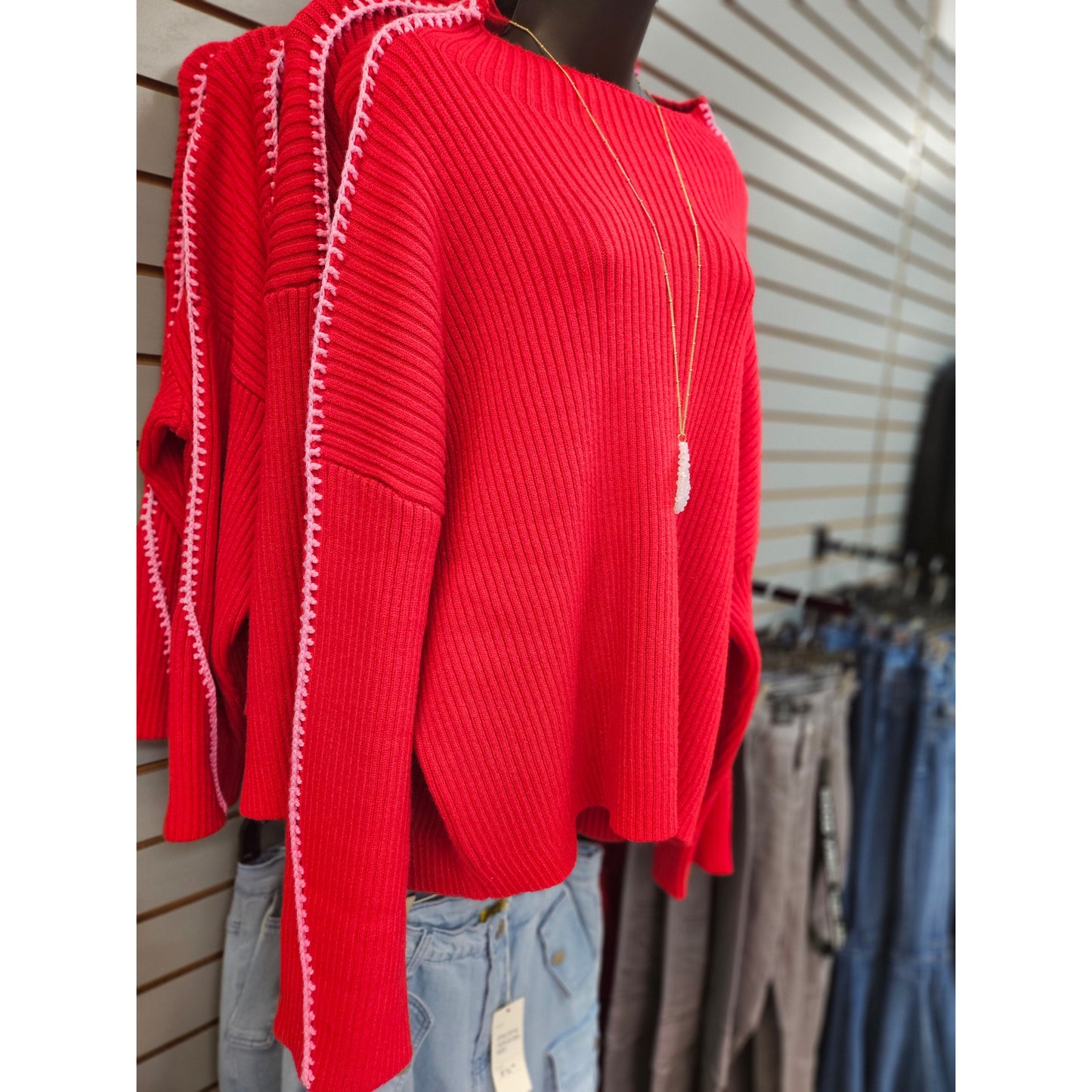 Red & Pink ribbed Sweater