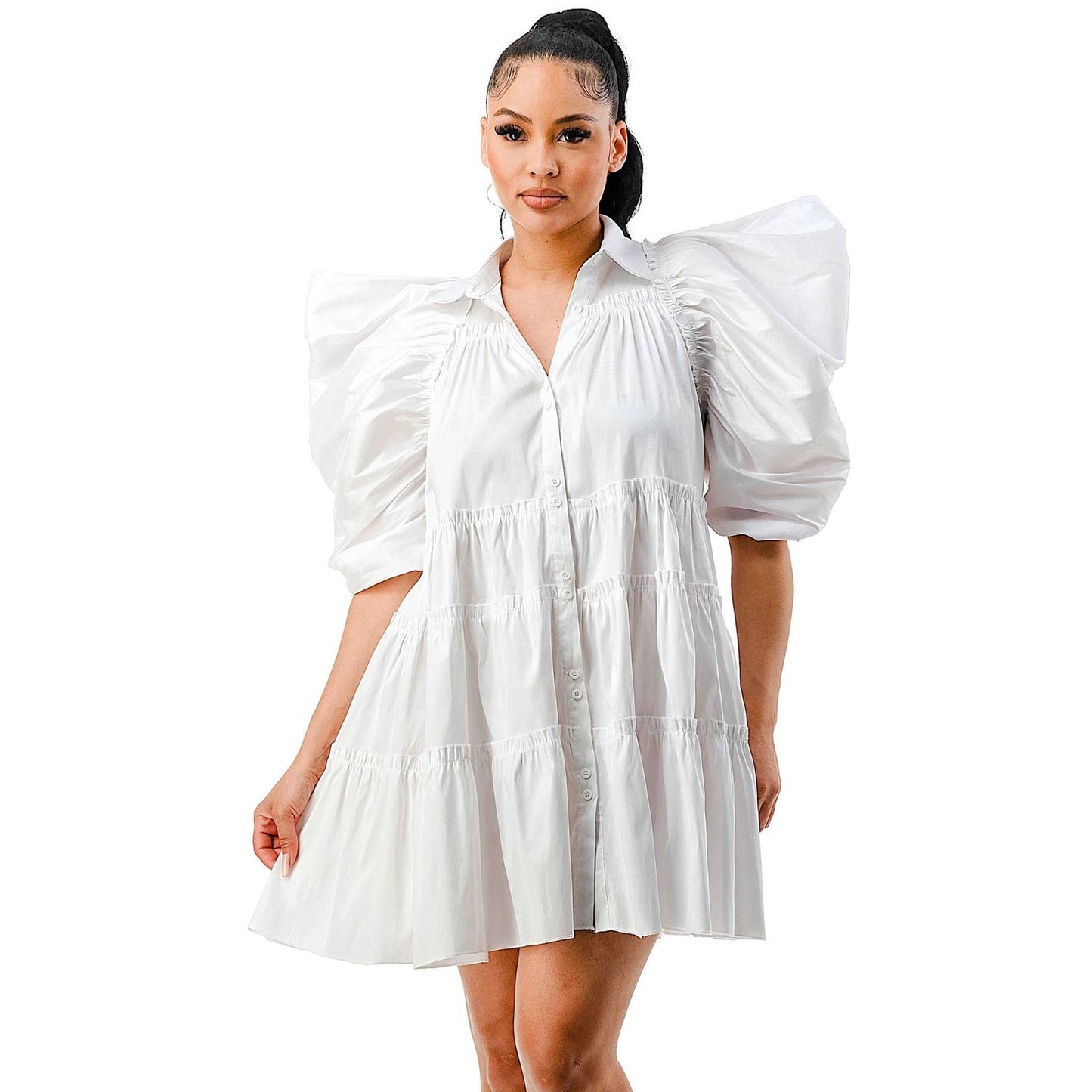 Balloon Short Sleeves Flounced Hem Flare Shirts Dress