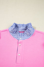 Fiery Red Striped Collar Long Sleeve Ruffle Hem Dress