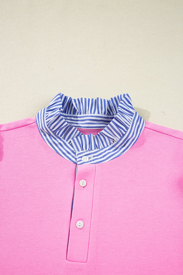 Fiery Red Striped Collar Long Sleeve Ruffle Hem Dress