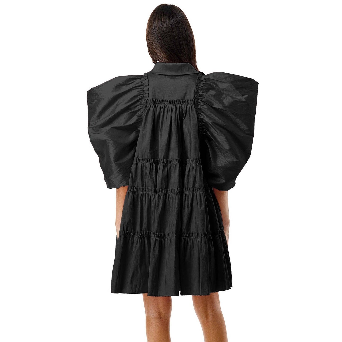 Balloon Short Sleeves Flounced Hem Flare Shirts Dress