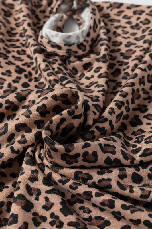 Brown Leopard Loose Tee Drawstring Waist Barrel Pants Set