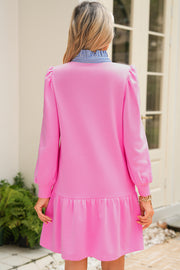 Fiery Red Striped Collar Long Sleeve Ruffle Hem Dress