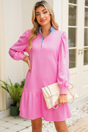 Fiery Red Striped Collar Long Sleeve Ruffle Hem Dress