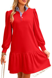 Fiery Red Striped Collar Long Sleeve Ruffle Hem Dress