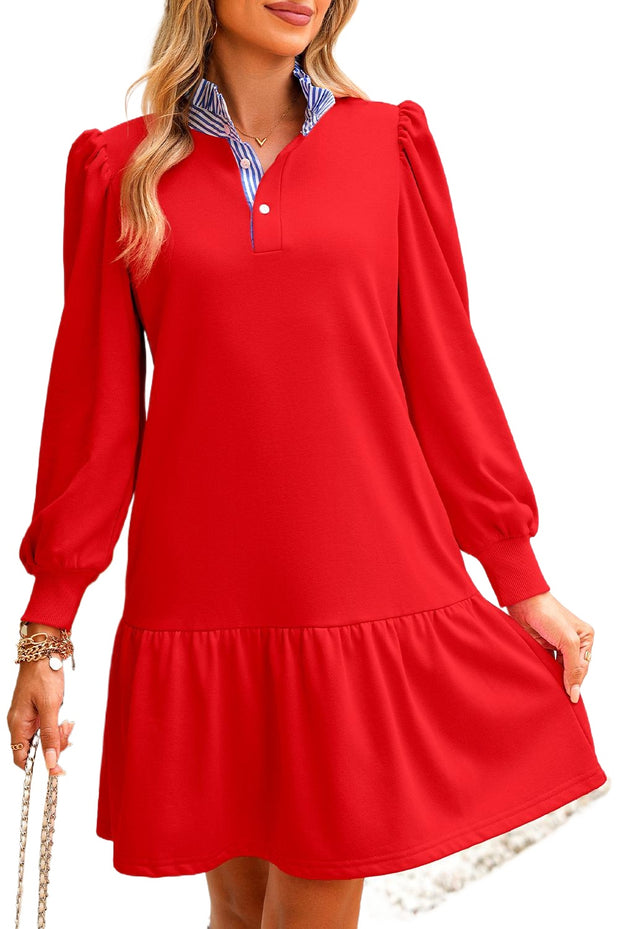 Fiery Red Striped Collar Long Sleeve Ruffle Hem Dress