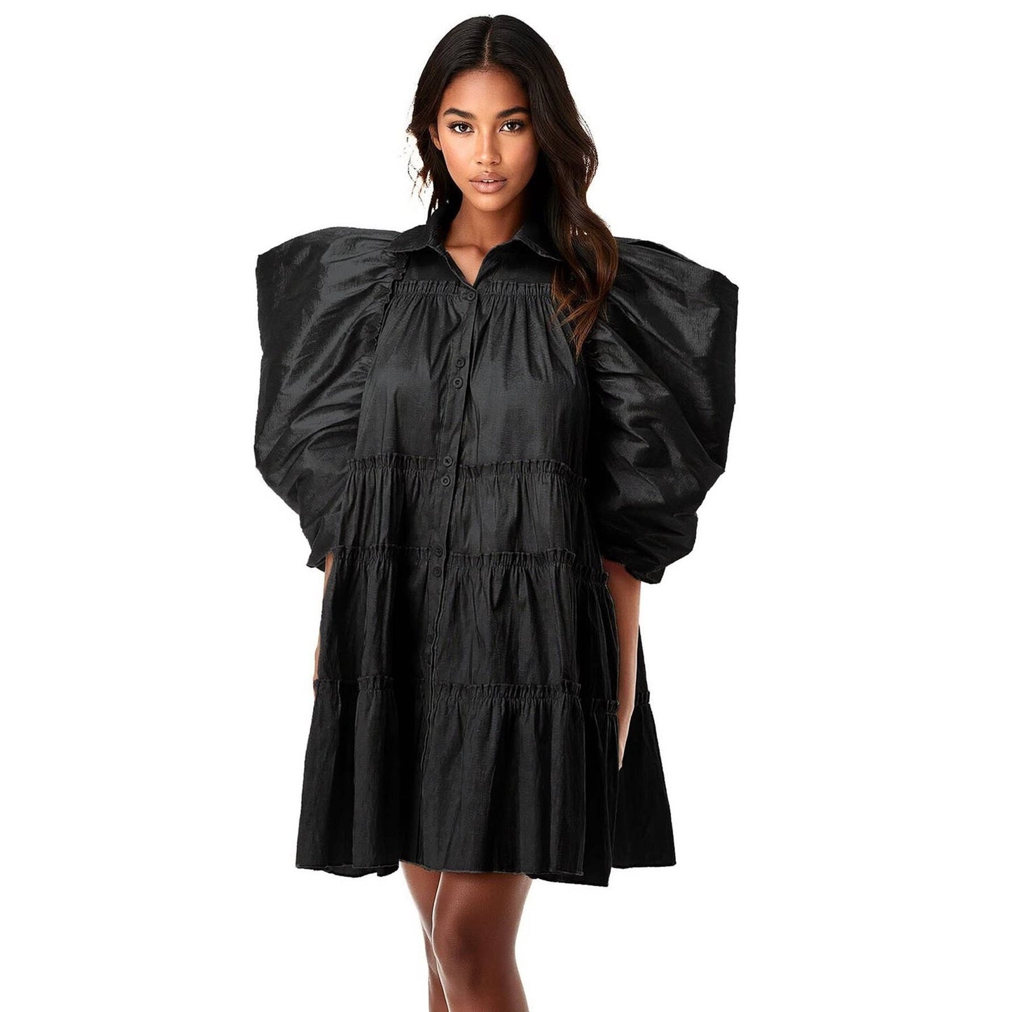 Balloon Short Sleeves Flounced Hem Flare Shirts Dress