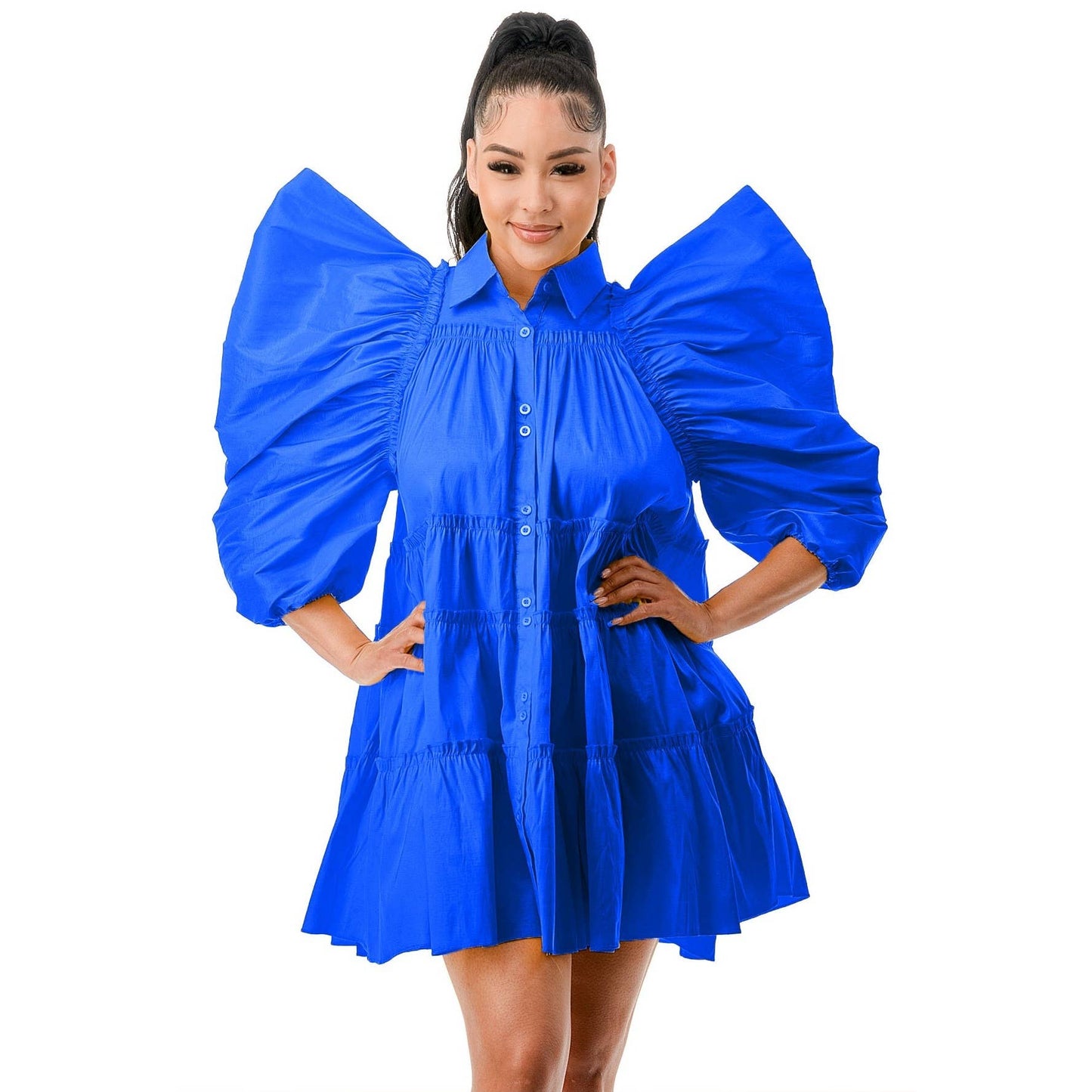 Balloon Short Sleeves Flounced Hem Flare Shirts Dress