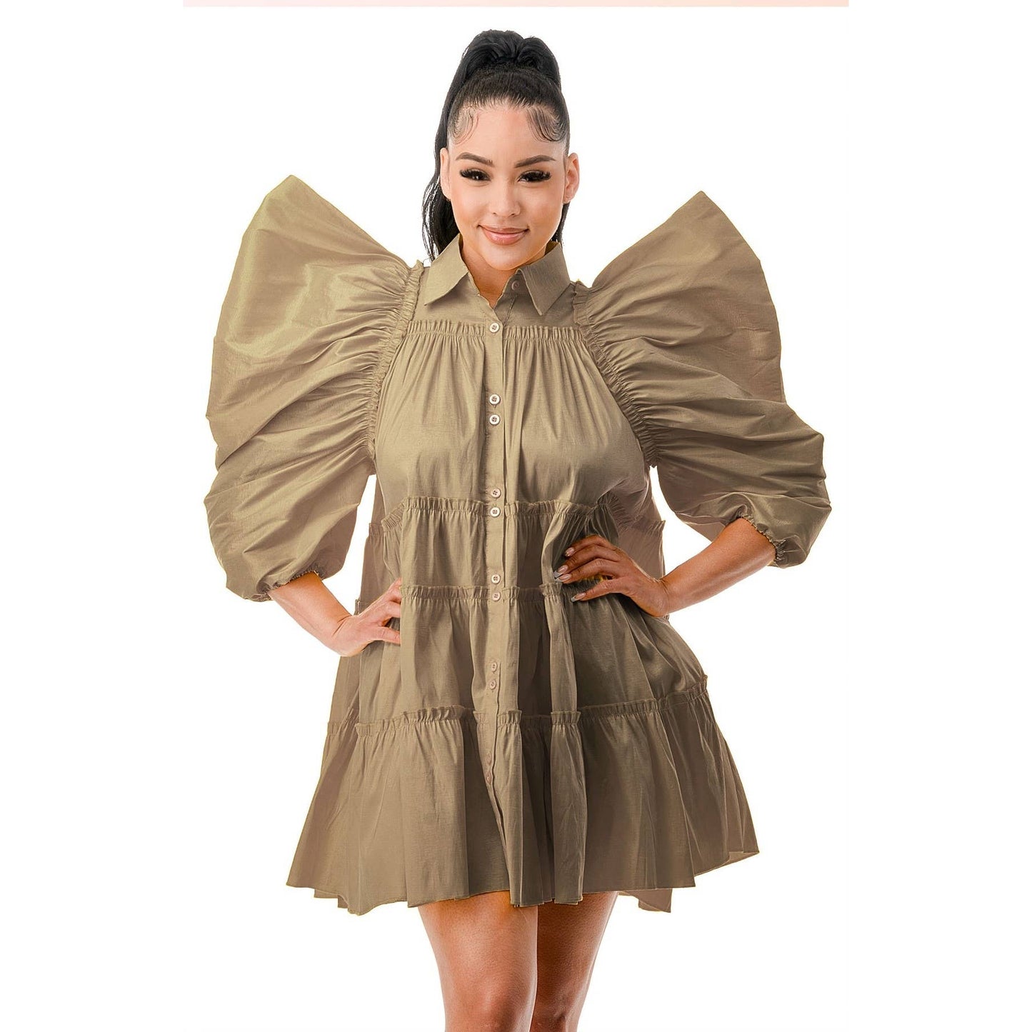 Balloon Short Sleeves Flounced Hem Flare Shirts Dress