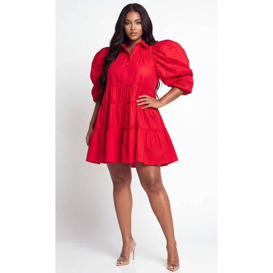 Balloon Short Sleeves Flounced Hem Flare Shirts Dress